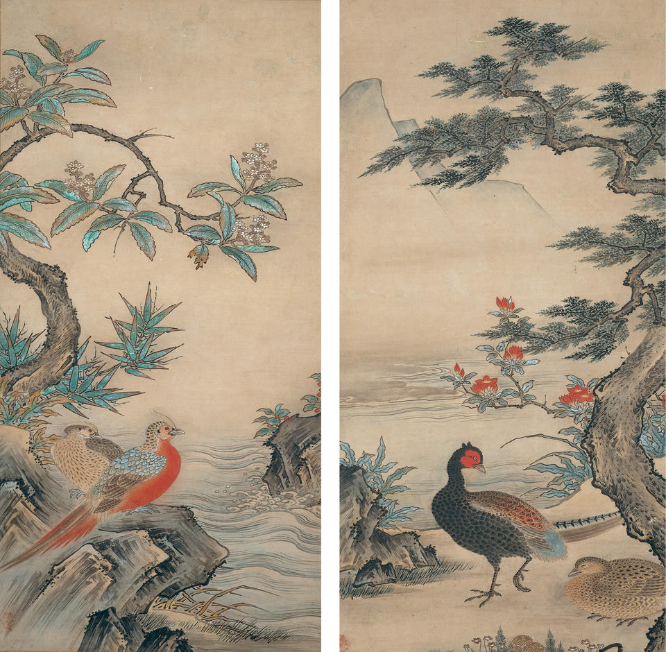 Pheasants and Azaleas; Golden Pheasants and a Loquat Tree