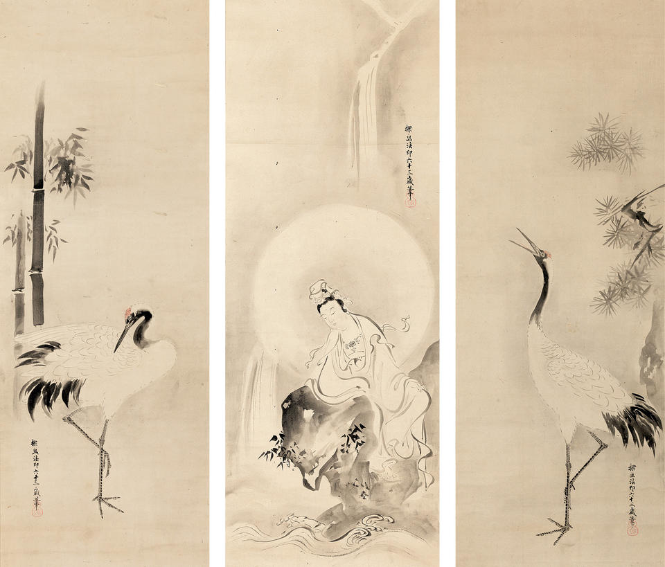 Triptych of White-Robed Kannon (白衣観音) and Cranes (鶴)