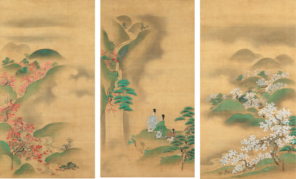 “Cherry Blossoms at Katano” (交野), “Nunobiki Waterfall”(布引), and “Maples at Tatsutagawa” (竜田川) episodes of Ise monogatari (伊勢物語)