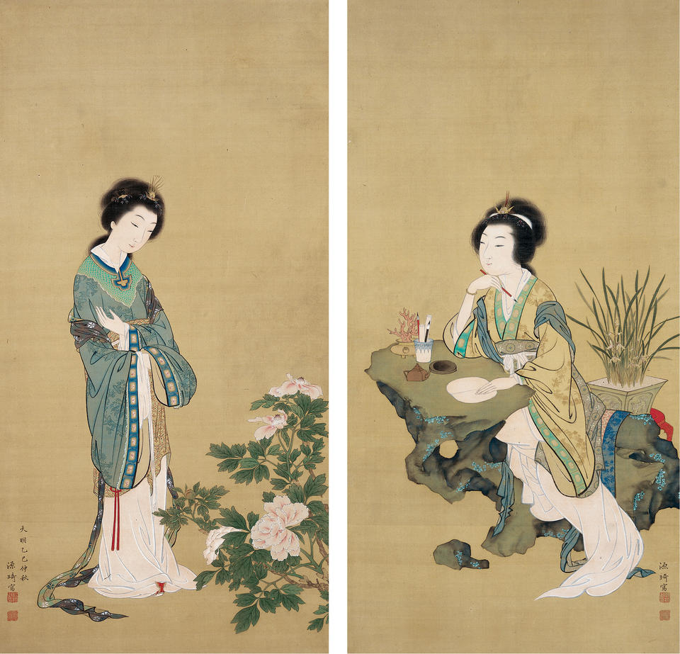 Enkitsu (Ch. Yanjie, 燕姞) with Orchids; Yō Kihi (Ch. Yang Guifei, 楊貴妃) with Peonies