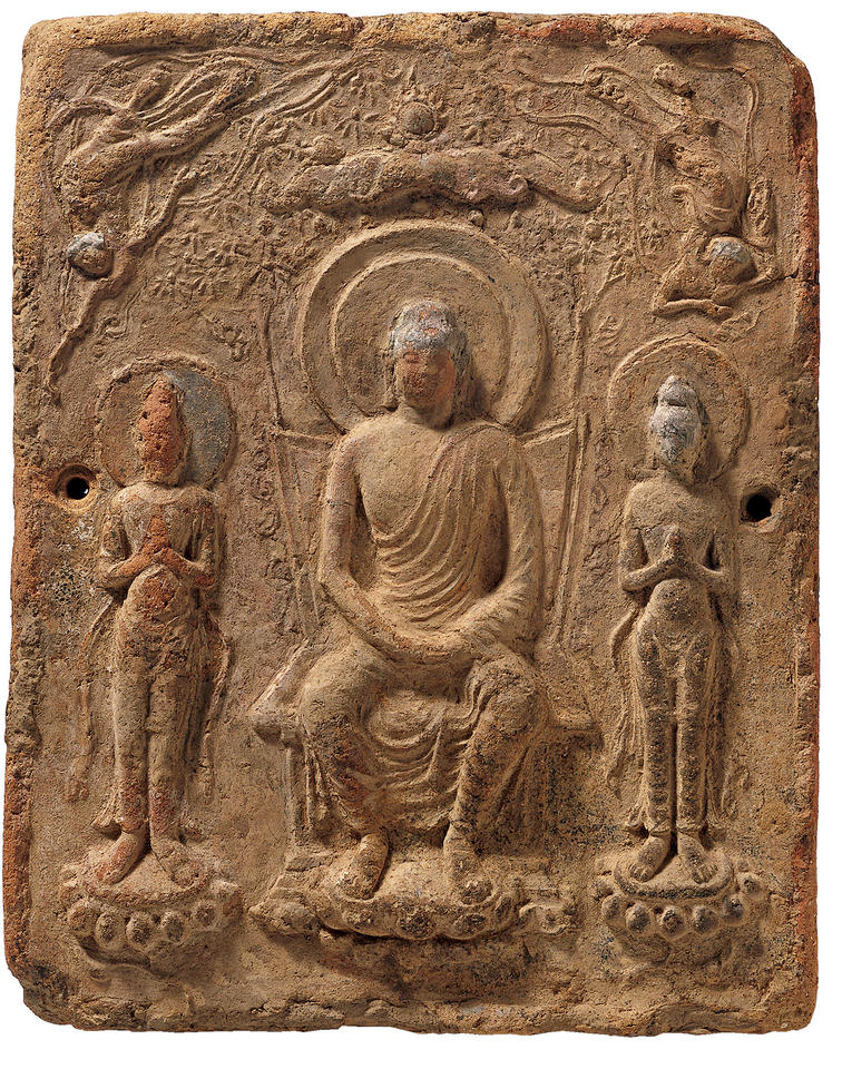 Relief tile (senbutsu, 塼仏) with Buddha Triad