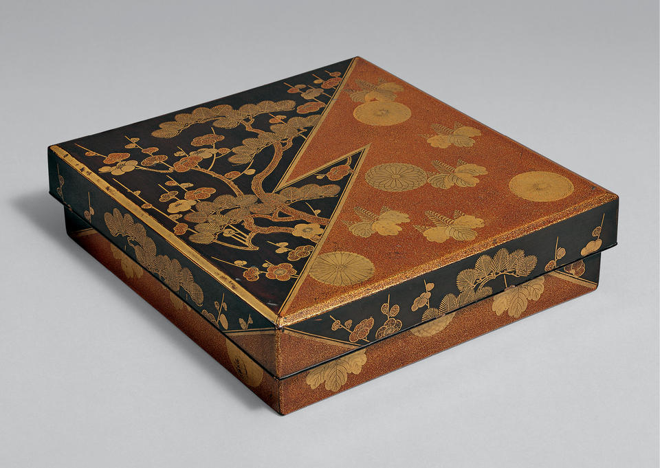 Writing box (suzuribako, 硯箱) with pines, plum, chrysanthemums, and paulownia