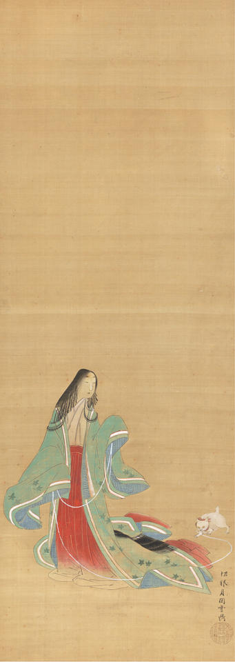 The Third Princess (女三宮) with a Cat, from “Wakana I” (若菜上) chapter of Genji monogatari (源氏物語)